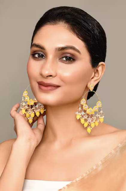 New Stylish Ethnic Partywear Yellow Hoops Kundan Earrings for Womens by House of Ree - Distacart