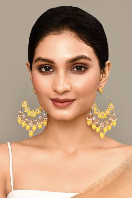 New Stylish Ethnic Partywear Yellow Hoops Kundan Earrings for Womens by House of Ree - Distacart