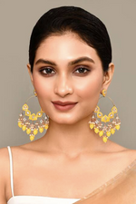 Thumbnail for New Stylish Ethnic Partywear Yellow Hoops Kundan Earrings for Womens by House of Ree - Distacart