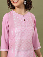 Thumbnail for Vishudh Pink Floral Printed Keyhole Neck Straight Kurta