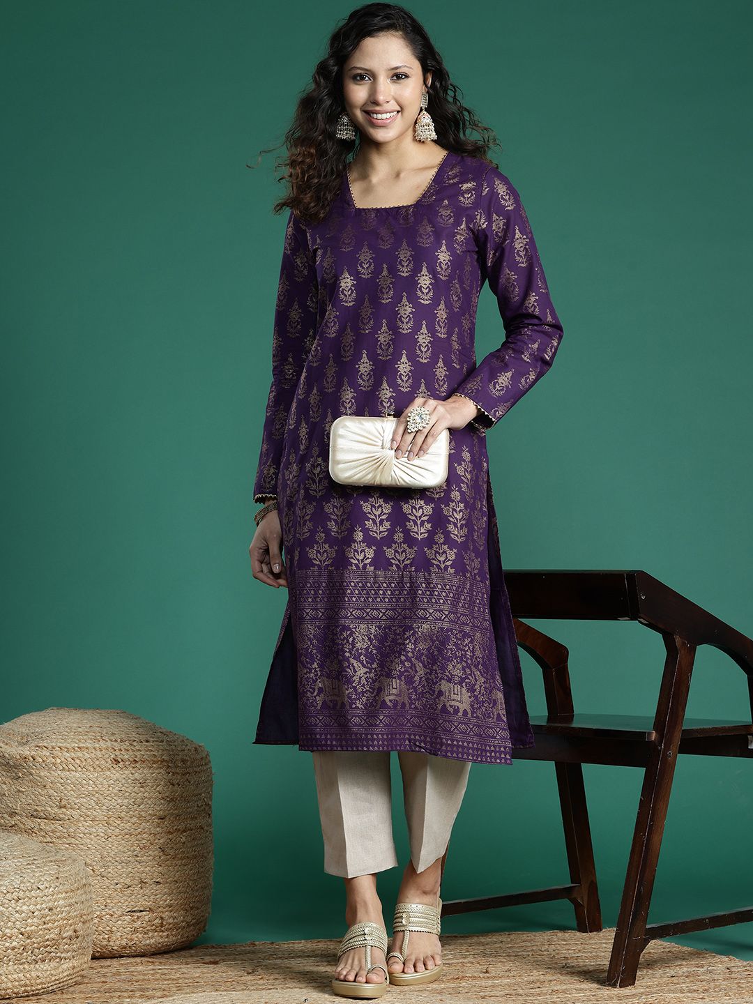 Sangria Ethnic Motifs Printed Gotta Patti Kurta - Distacart