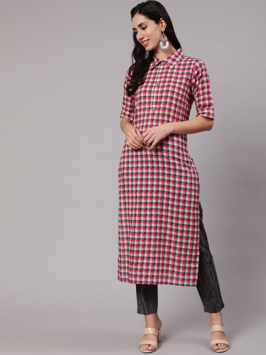 Aks Women Checked Shirt Collar Pure Cotton Kurta With Trousers - Distacart