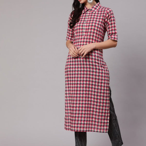 Aks Women Checked Shirt Collar Pure Cotton Kurta With Trousers - Distacart