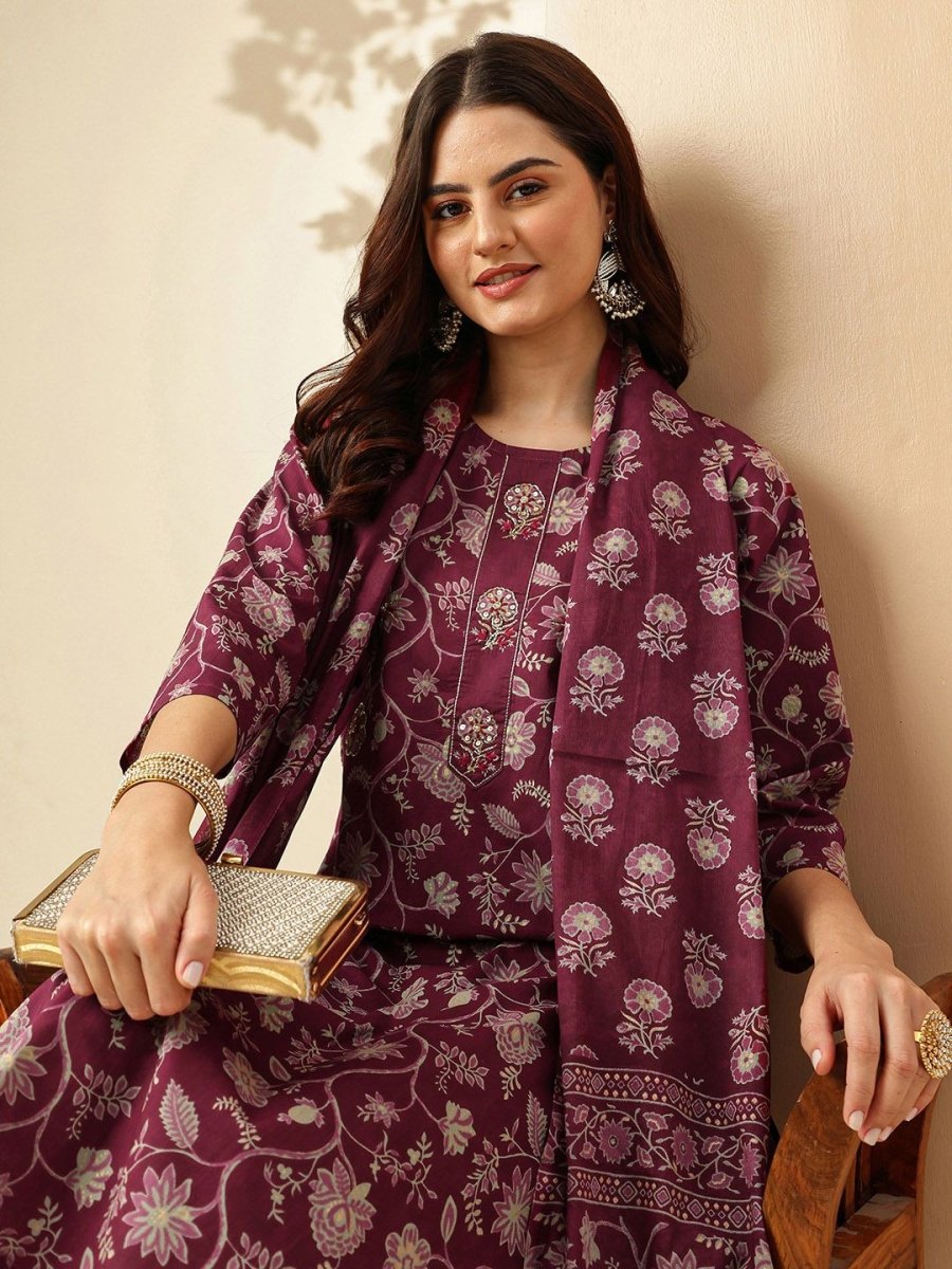 Anouk Floral Printed Regular Pure Cotton Kurta With Trousers & Dupatta - Distacart