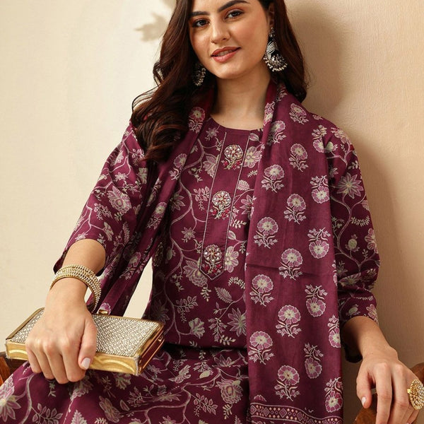Anouk Floral Printed Regular Pure Cotton Kurta With Trousers & Dupatta - Distacart