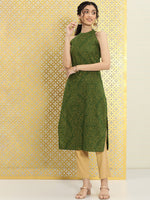 Thumbnail for Ode by House of Pataudi Women Green Printed Pure Cotton Halter Neck Rozana Kurta - Distacart