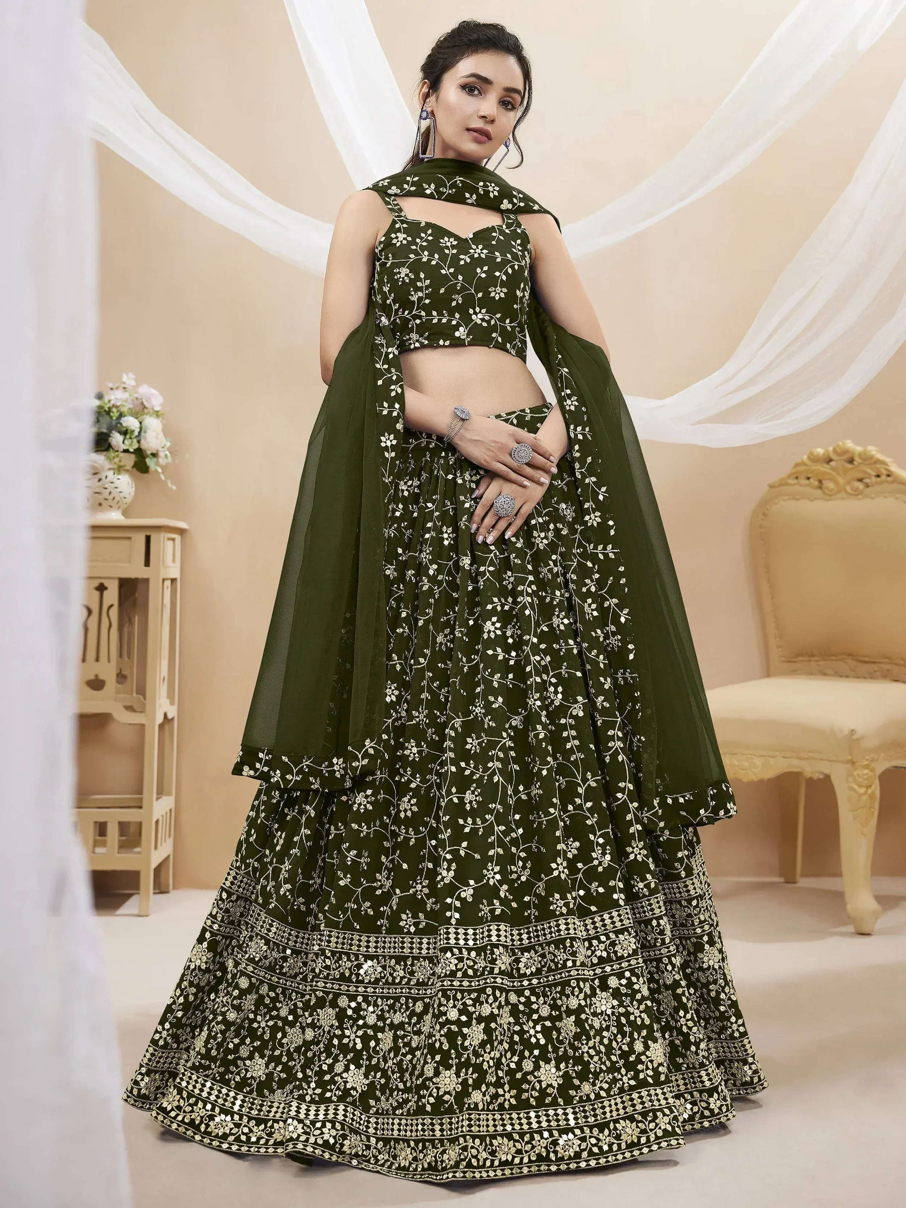 Tulsi Art Bewitching Green Embroidered Georgette Mehendi Wear Lehenga Choli - Dista