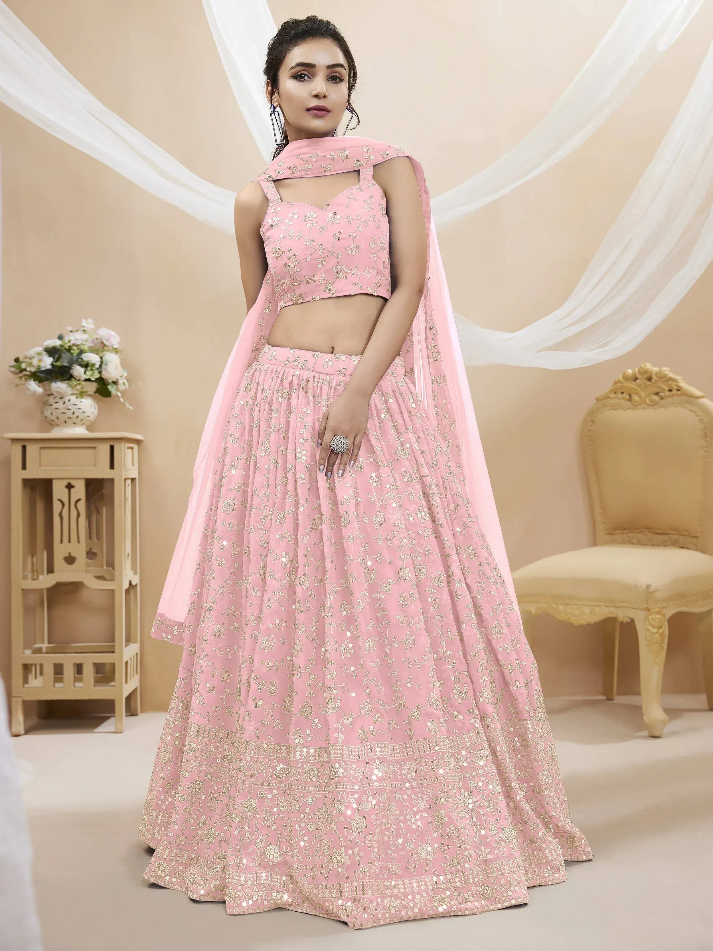 Tulsi Art Beautiful Light Pink Sequin Georgette Engagement Wear Lehenga Choli - Dista