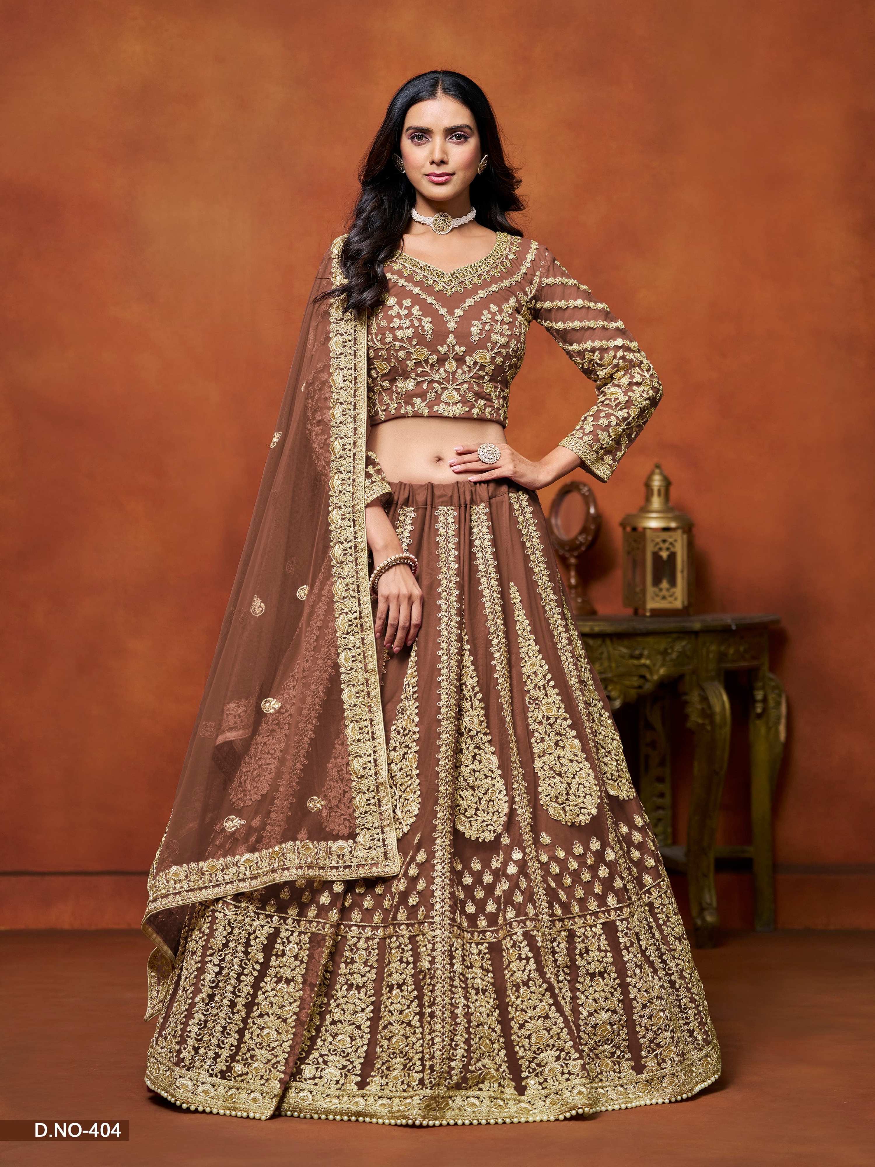 Anaita Brown Embroidered Net Designer Lehenga With Blouse - Distacart