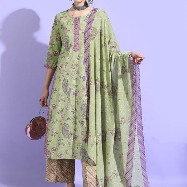 Vishudh Women Green Floral Pure Cotton Kurta with Trouser & Dupatta - Distacart