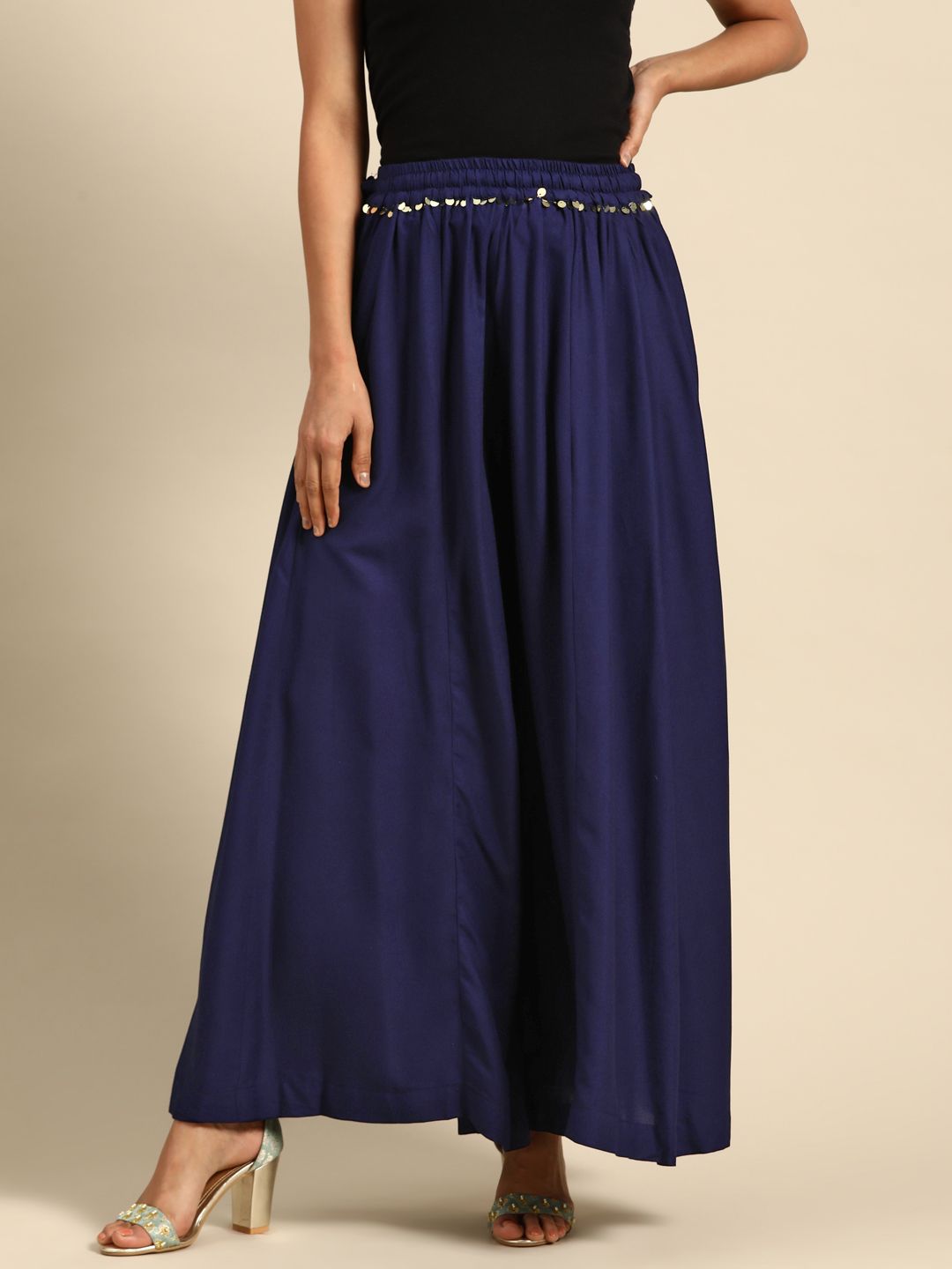 TAG 7 Women Navy Blue Solid Flared Palazzos - Distacart