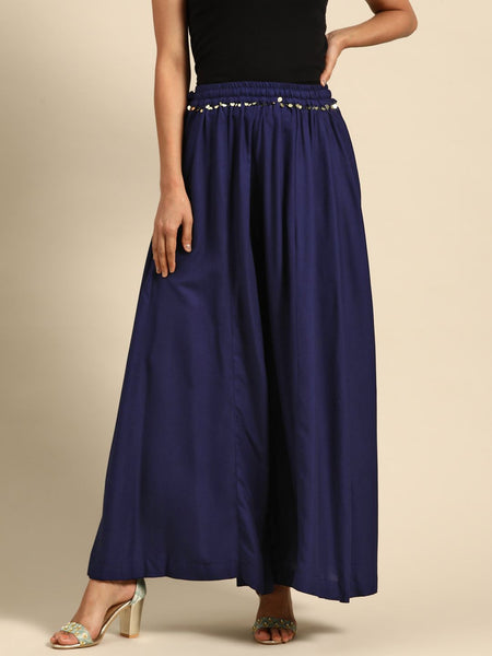 TAG 7 Women Navy Blue Solid Flared Palazzos