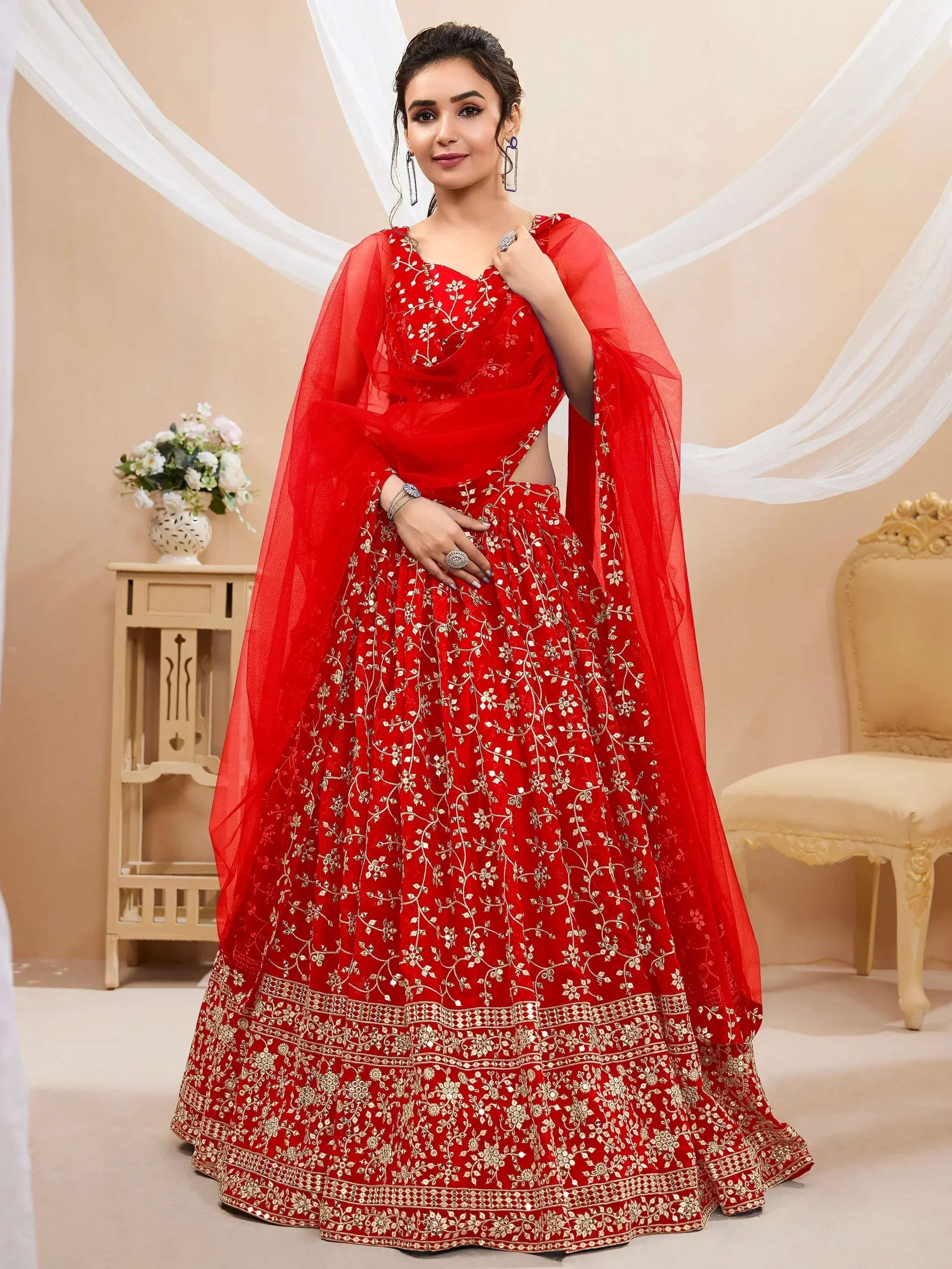 Tulsi Art Attractive Red Embroidered Georgette Wedding Wear Lehenga Choli - Dista