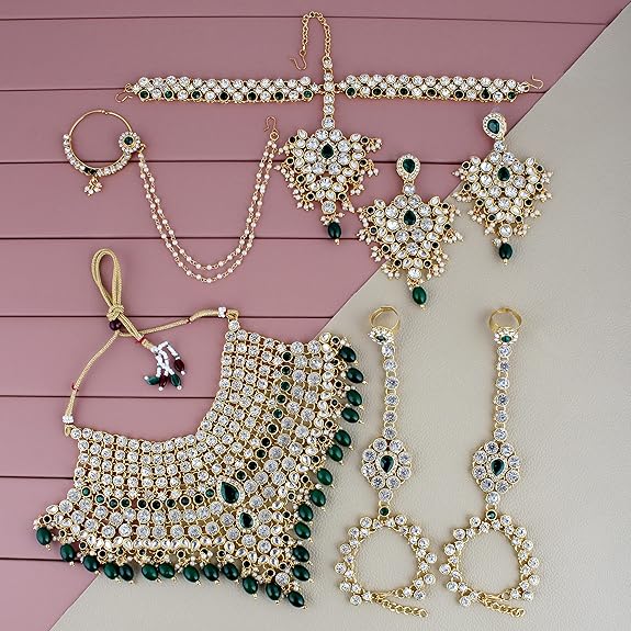 Tehzeeb Creations Wedding Designer Gold-Polished Dulhan Choker Bridal Set with sheeshpatti for Girls & Women - Distacart