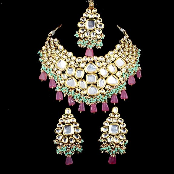 Tehzeeb Creations Back Meenakari Gold-Polished Multicolor Color Tika Earring Jewellery Set Uncut Big Faux Kundan Dibbi Kundan Choker Necklace Set - Distacart