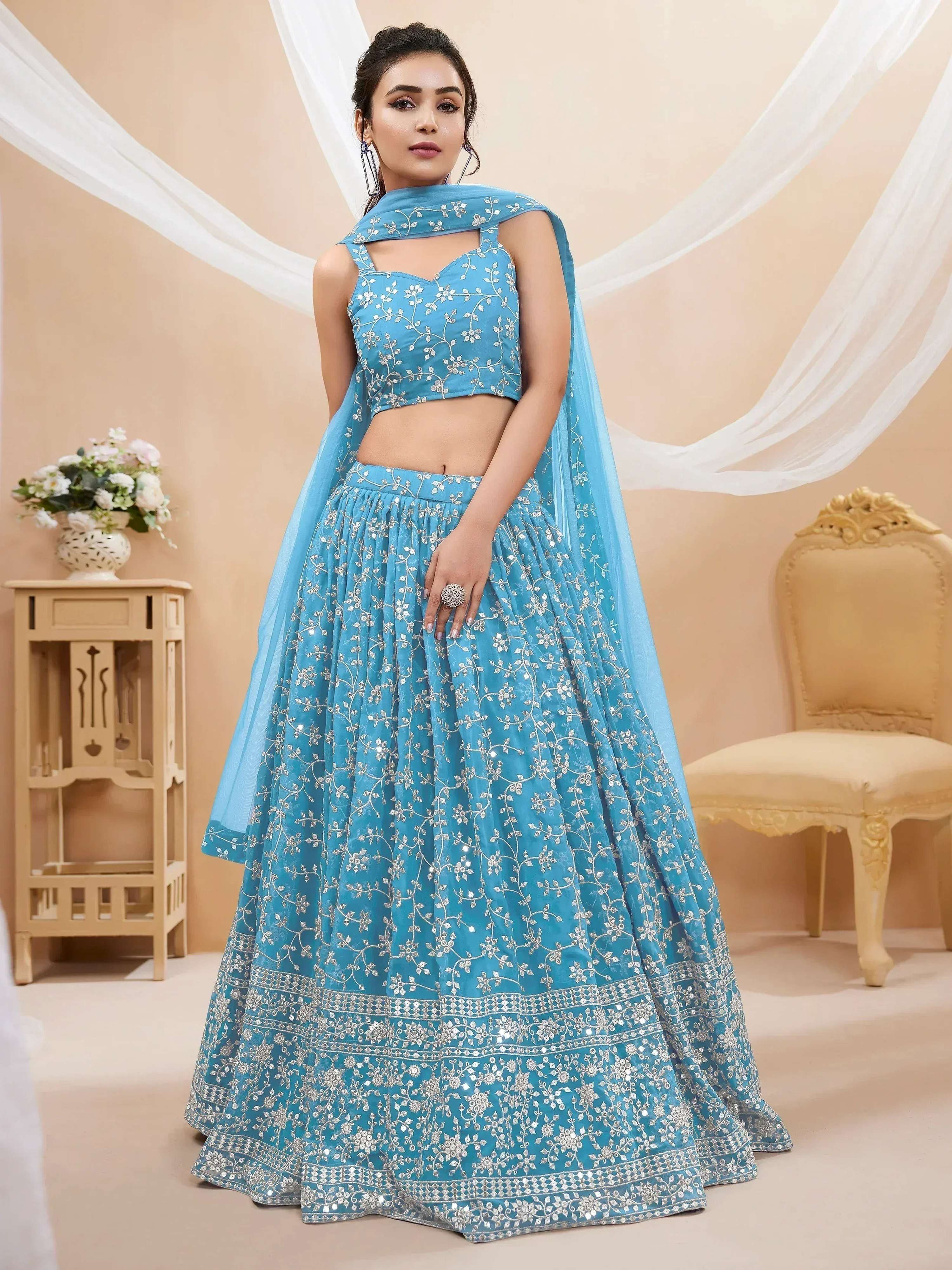 Tulsi Art Gorgeous Sky Blue Embroidered Georgette Reception Wear Lehenga Choli - Dista