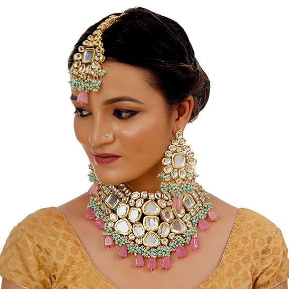 Tehzeeb Creations Back Meenakari Gold-Polished Multicolor Color Tika Earring Jewellery Set Uncut Big Faux Kundan Dibbi Kundan Choker Necklace Set - Distacart