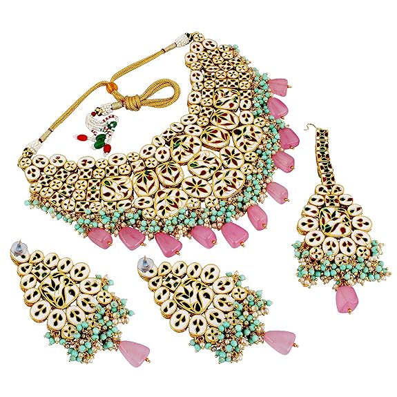 Tehzeeb Creations Back Meenakari Gold-Polished Multicolor Color Tika Earring Jewellery Set Uncut Big Faux Kundan Dibbi Kundan Choker Necklace Set - Distacart