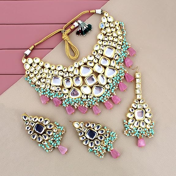 Tehzeeb Creations Back Meenakari Gold-Polished Multicolor Color Tika Earring Jewellery Set Uncut Big Faux Kundan Dibbi Kundan Choker Necklace Set - Distacart