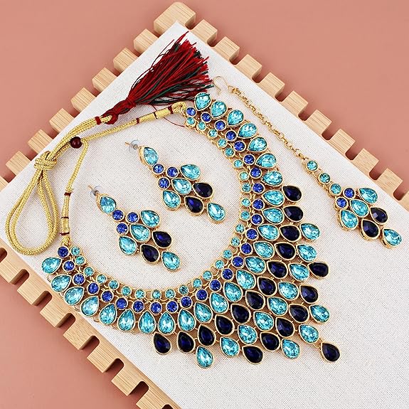 Tehzeeb CreationsDesigner Gold-Polished Elegant Stone Necklace Set For Women & Girls - Distacart