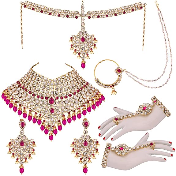 Tehzeeb Creations Designer Magenta Color Gold-Polished Dulhan Choker Bridal Set with sheeshpatti for Girls & Women - Distacart