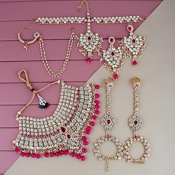 Tehzeeb Creations Designer Magenta Color Gold-Polished Dulhan Choker Bridal Set with sheeshpatti for Girls & Women - Distacart