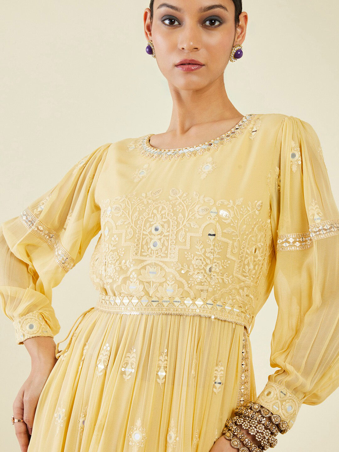 Soch Floral Embroidered Mirror Work Kurta With Palazzos & Dupatta - Distacart