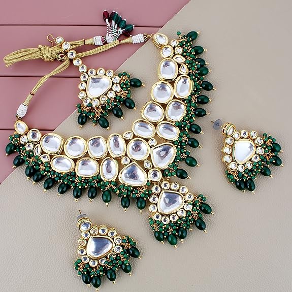 Tehzeeb Creations Gold-Polished Back Meenakari Pearl Uncut, Kundan Choker Necklace Set with Earrings and Mang Tika For Women & Girls - Distacart