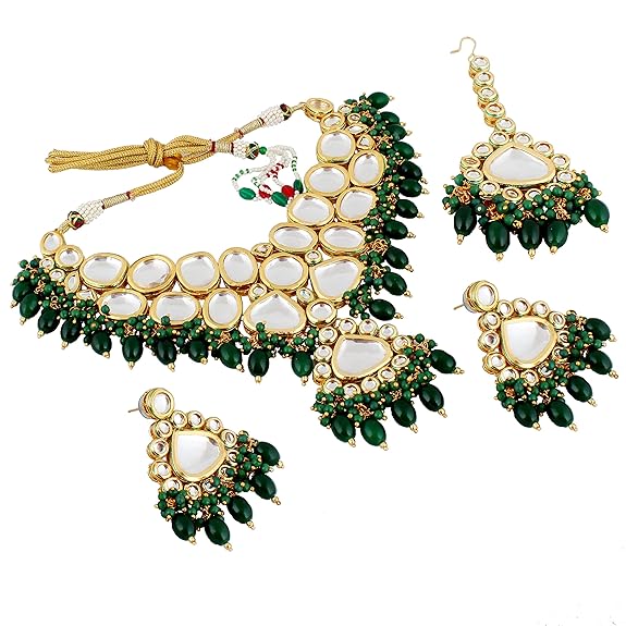 Tehzeeb Creations Gold-Polished Back Meenakari Pearl Uncut, Kundan Choker Necklace Set with Earrings and Mang Tika For Women & Girls - Distacart