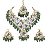 Thumbnail for Tehzeeb Creations Gold-Polished Back Meenakari Pearl Uncut, Kundan Choker Necklace Set with Earrings and Mang Tika For Women & Girls - Distacart