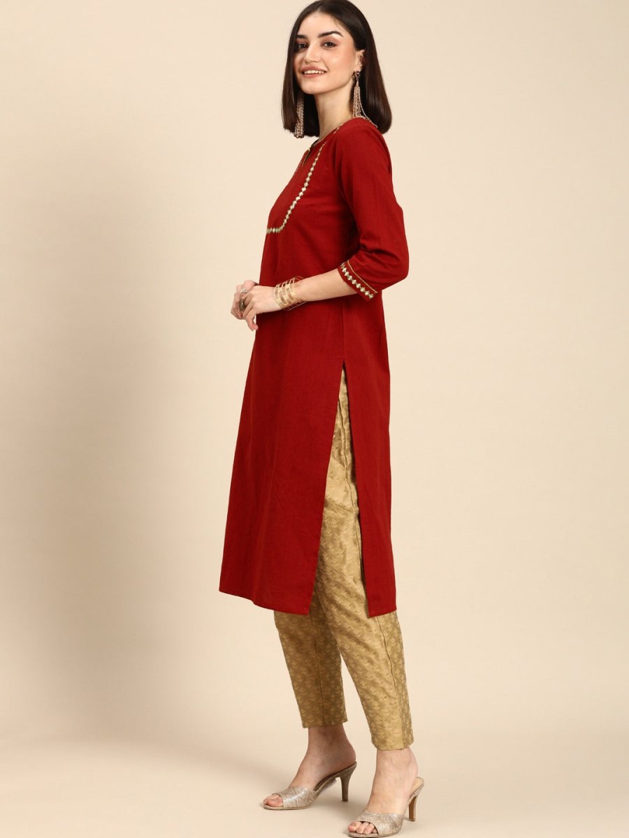 All About You Women Red & Gold-Toned Keyhole Neck Gotta Patti Kurta - Distacart