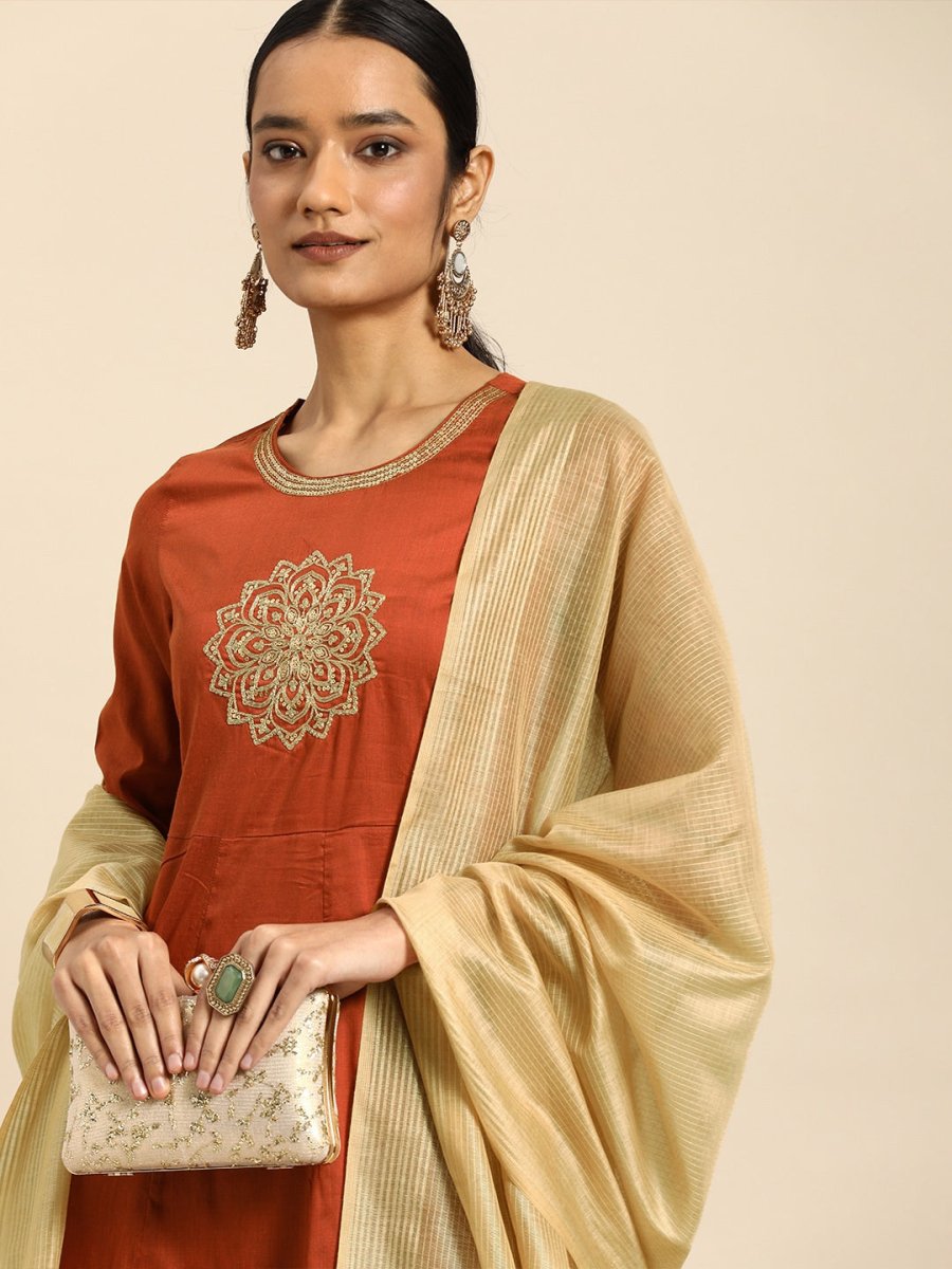 All About You Women Orange& Cream Embroidered Kurta with Dupatta - Distacart