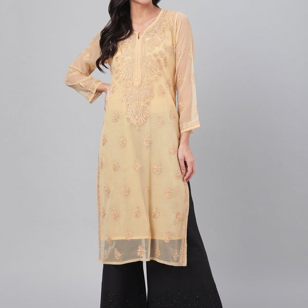 ADA Women Beige Chikankari Hand Embroidered Straight Sustainable Handloom Kurta With Slip - Distacart