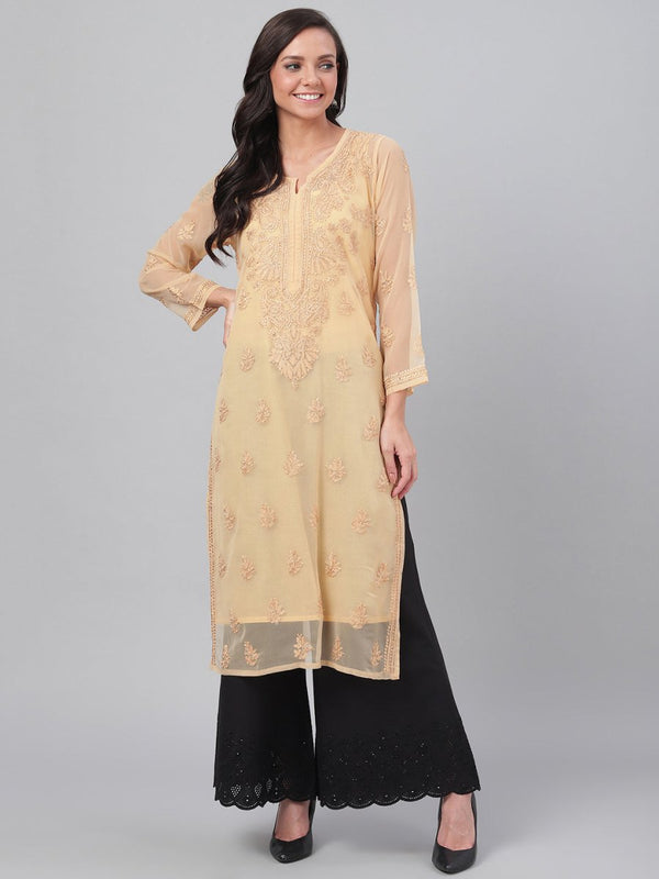 ADA Women Beige Chikankari Hand Embroidered Straight Sustainable Handloom Kurta With Slip - Distacart