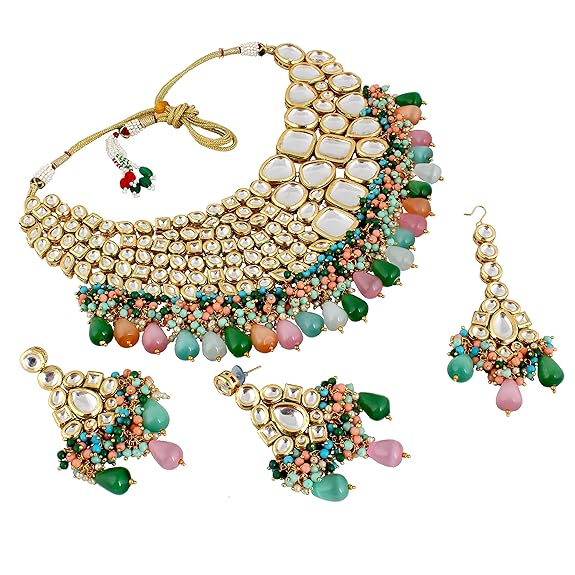 Tehzeeb Creations Meenakari Gold-Polished Multi color Uncut dibbi Kundan Combo Necklace Set - Distacart