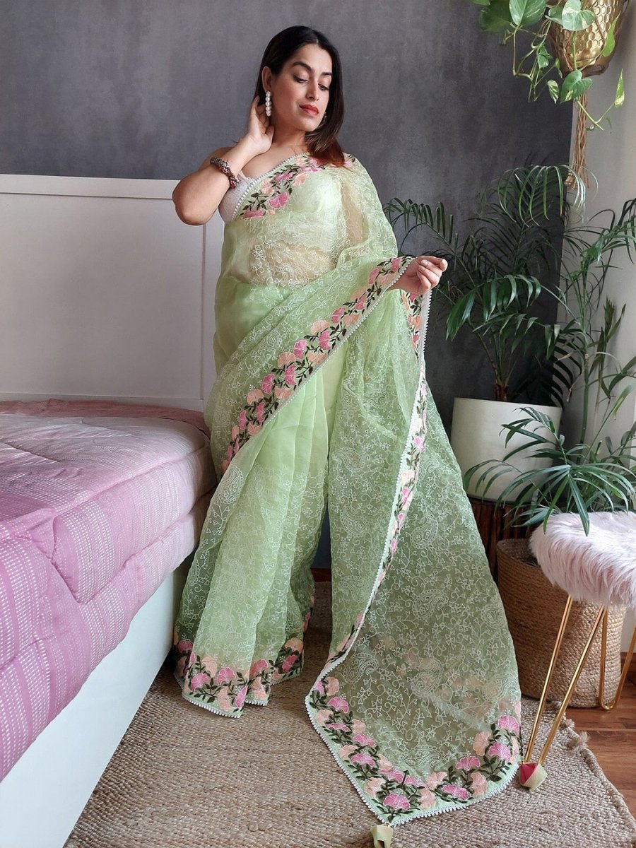 Anouk Green & Pink Floral Embroidered Organza Saree - Distacart