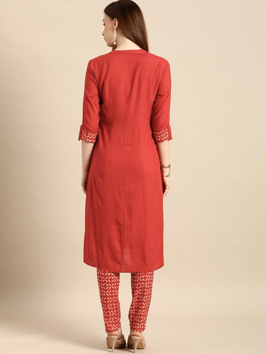All About You Women Red & Cream Printed Kurta with Trousers - Distacart
