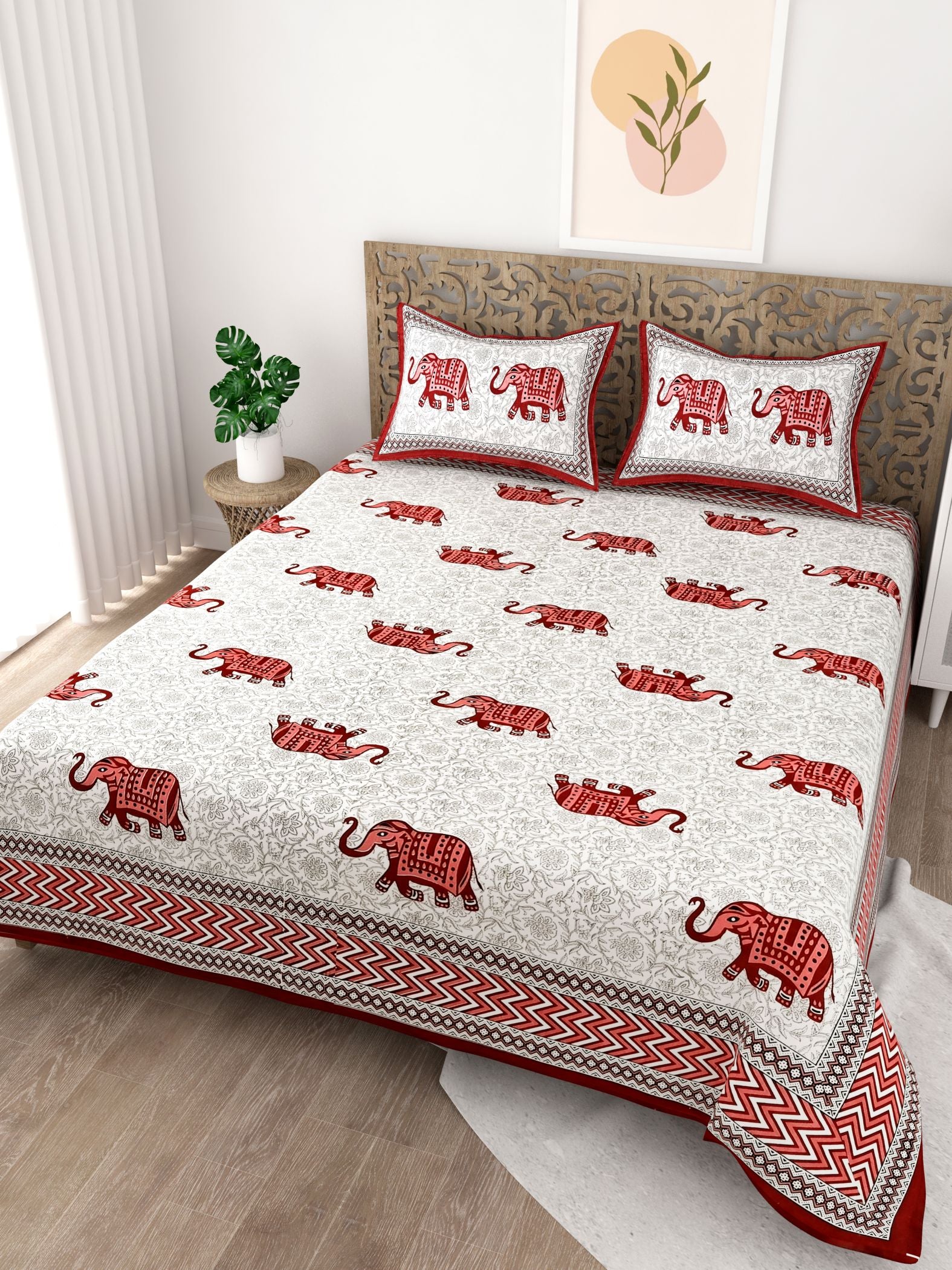 Red White Elephant Design Cotton 200TC King Bedsheet With 2 Zipper Pillow Covers - King Size by House of Ree - Distacart