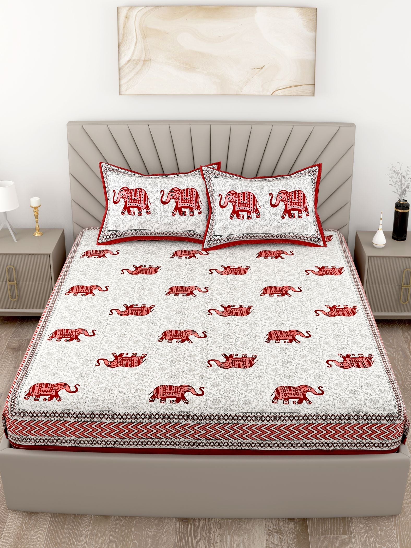 Red White Elephant Design Cotton 200TC King Bedsheet With 2 Zipper Pillow Covers - King Size by House of Ree - Distacart