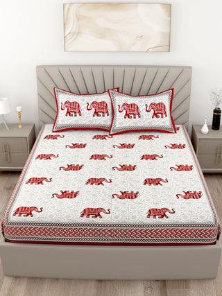 Red White Elephant Design Cotton 200TC King Bedsheet With 2 Zipper Pillow Covers - King Size by House of Ree - Distacart