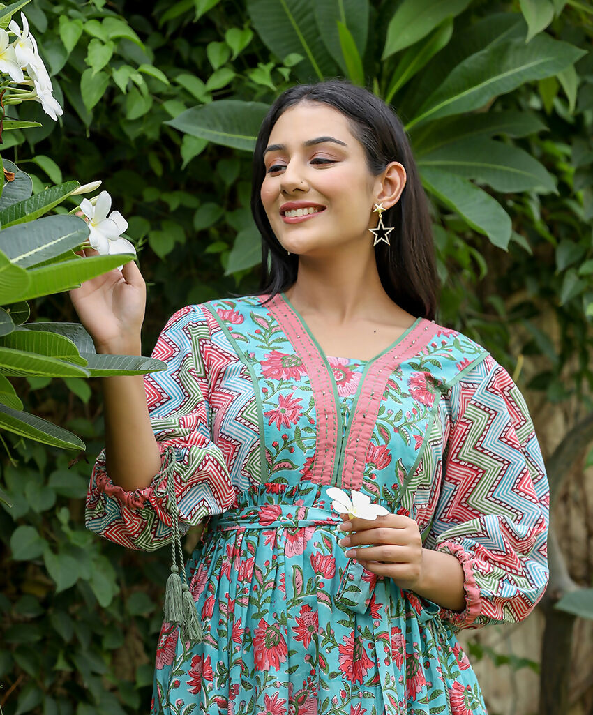 Kaajh Women's Green Hand Block Printed Dress - Distacart