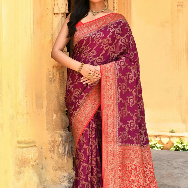 Joban Fashion Hot Pink Crepe Chiffon Pure Handloom Banarasi Silk Saree