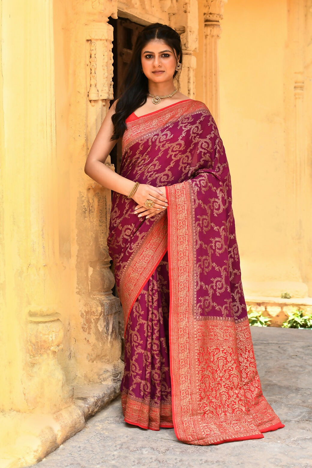 Joban Fashion Hot Pink Crepe Chiffon Pure Handloom Banarasi Silk Saree - Dista