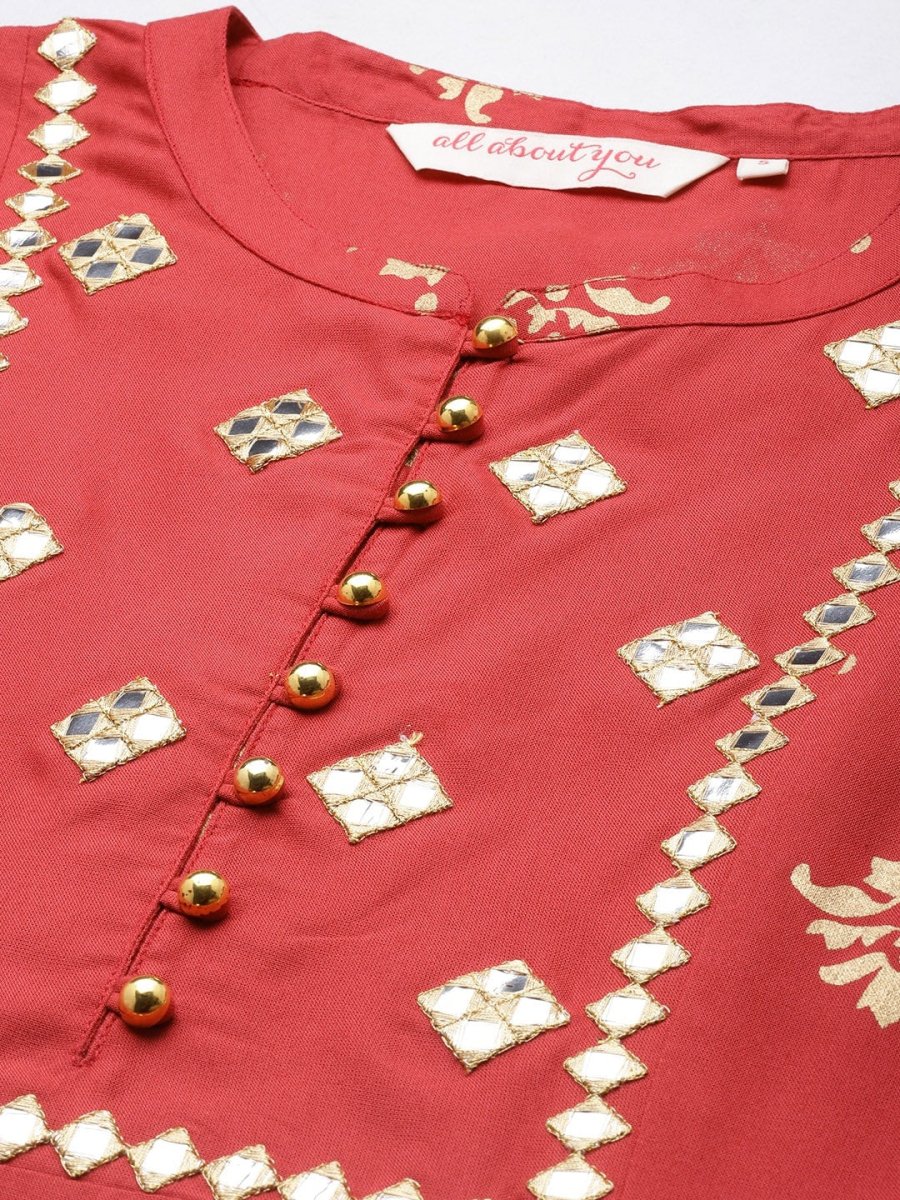 All About You Women Rust & Gold-Toned Ethnic Motifs Printed Mirror Work Kurta - Distacart