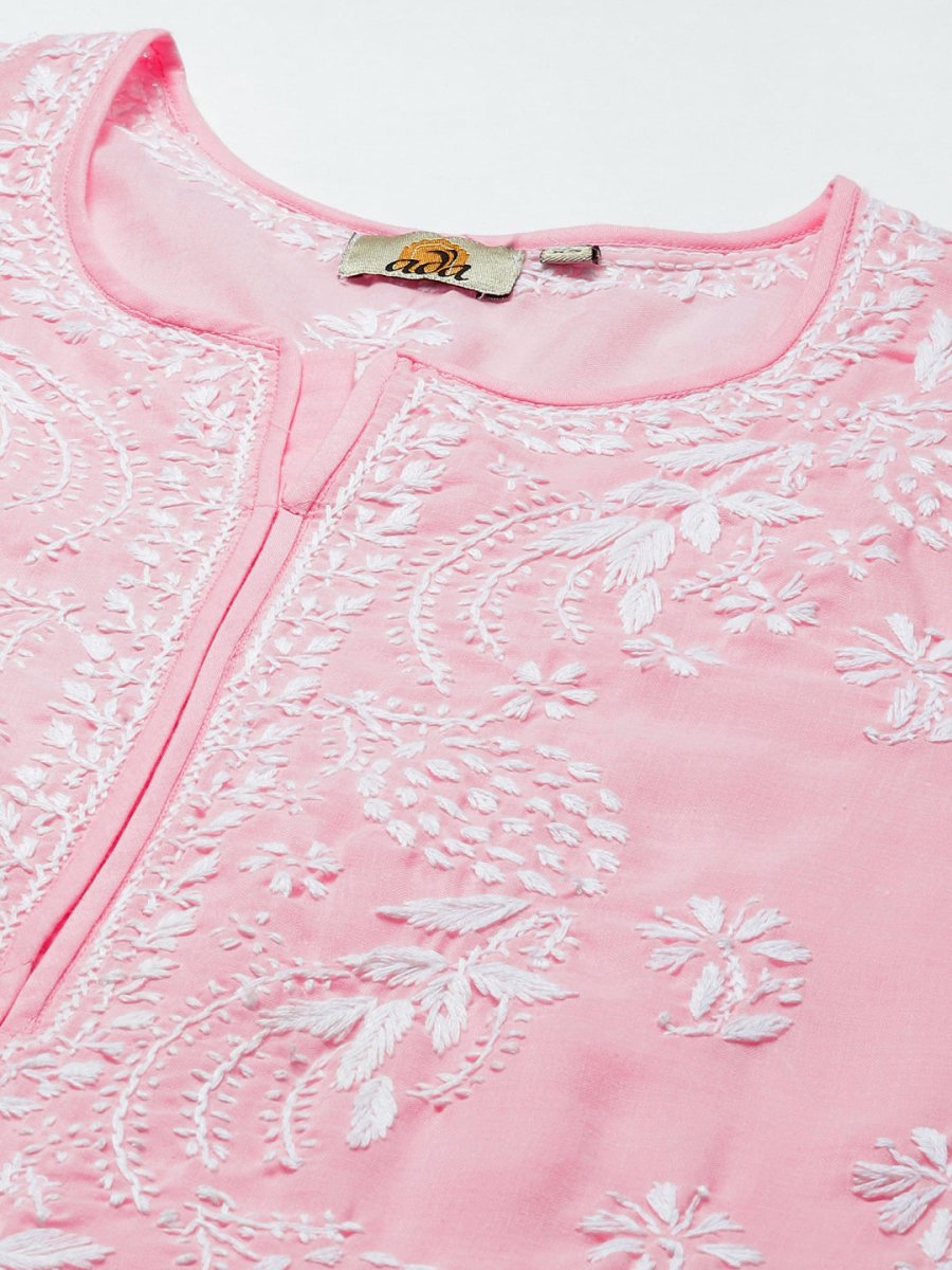 ADA Women Pink & White Ethnic Motifs Embroidered Chikankari Cotton Kurta - Distacart