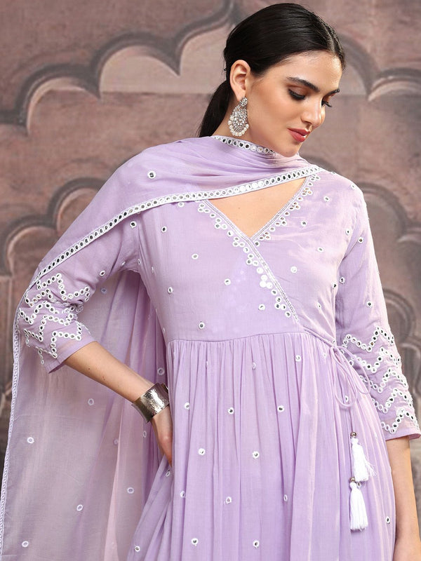 Vishudh Lavender Mirror Work Pure Cotton Anarkali Kurta With Trousers & Dupatta - Distacart