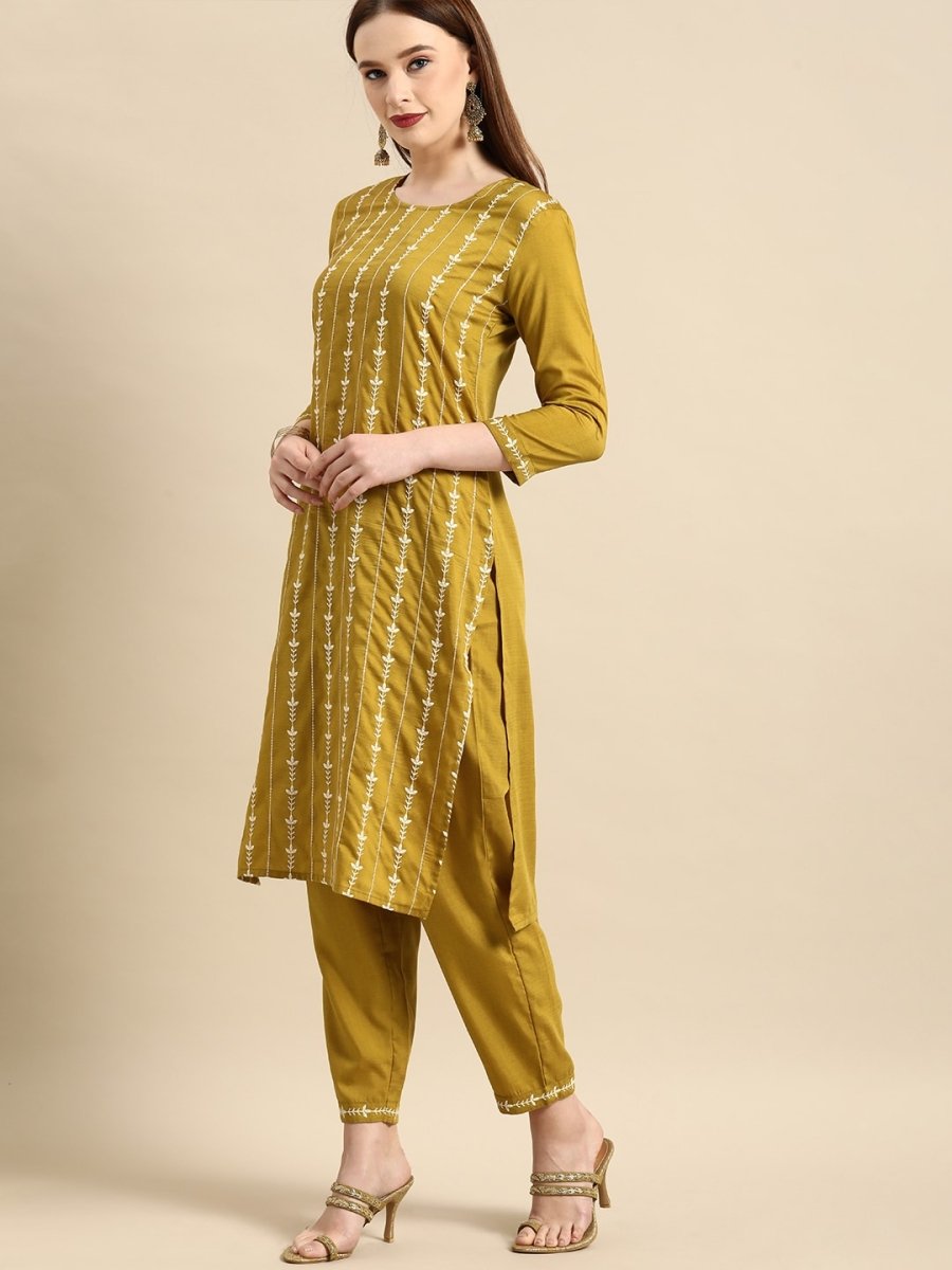 All About You Women Mustard Yellow Floral Embroidered Thread Work Kurta with Trousers - Distacart