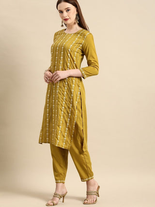 All About You Women Mustard Yellow Floral Embroidered Thread Work Kurta with Trousers - Distacart