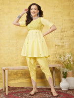 Thumbnail for ADA Women Yellow & Green Chikankari Embroidered Empire Sustainable Handloom Kurta with Dhoti Pants - Distacart