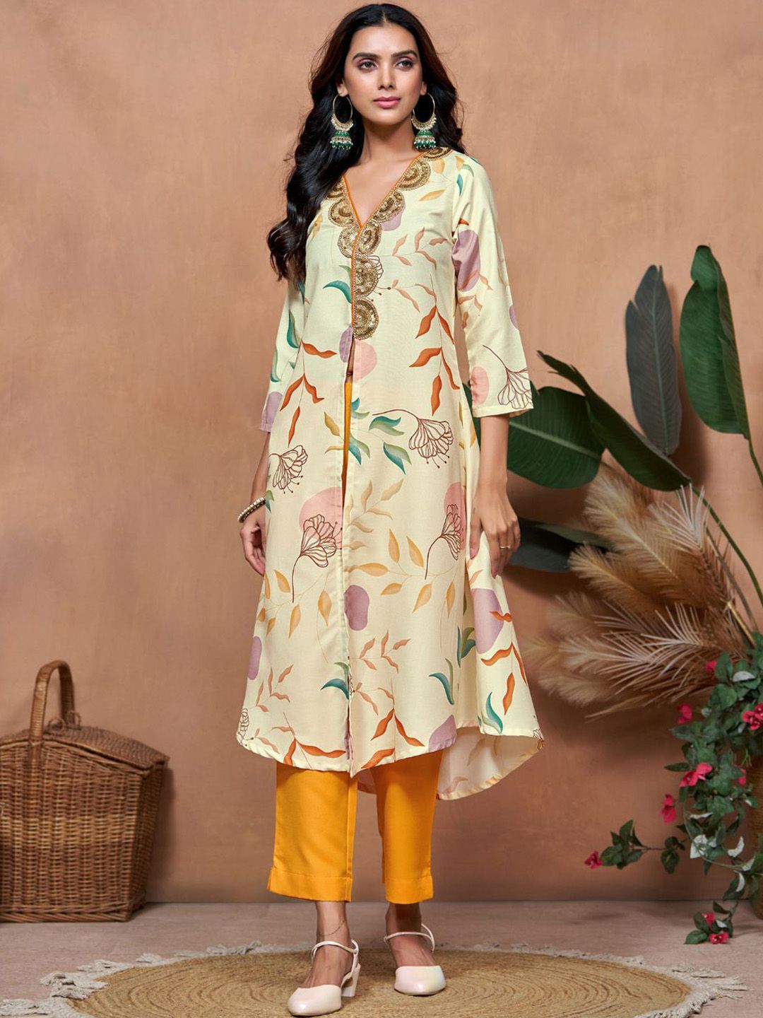 Sangria Off White Floral Printed V-Neck Three-Quarter Sleeves A-Line Kurta & Trouser - Distacart